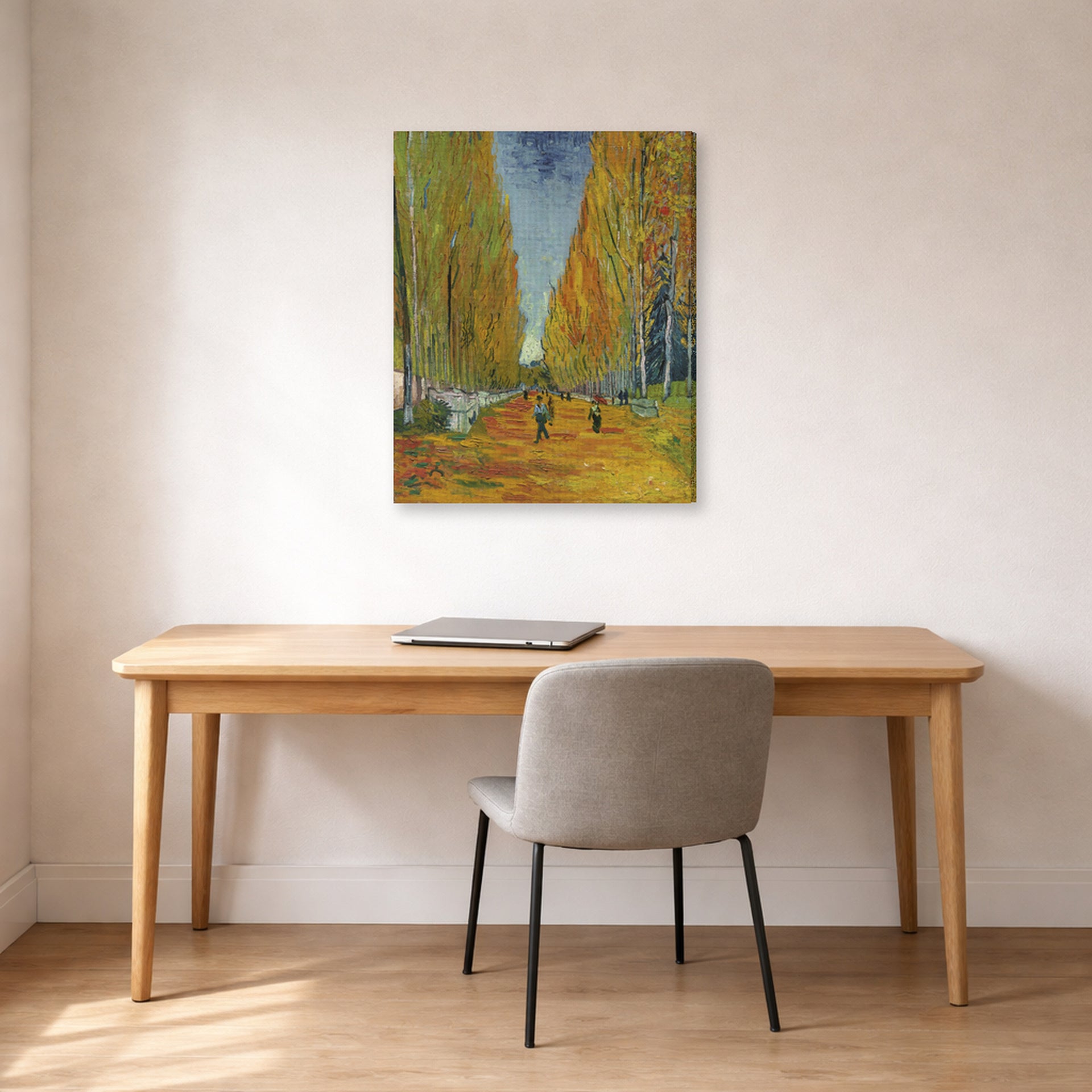 Gallery-wrapped canvas print of Vincent van Gogh's Les Alyscamps displayed on a wall in a home office