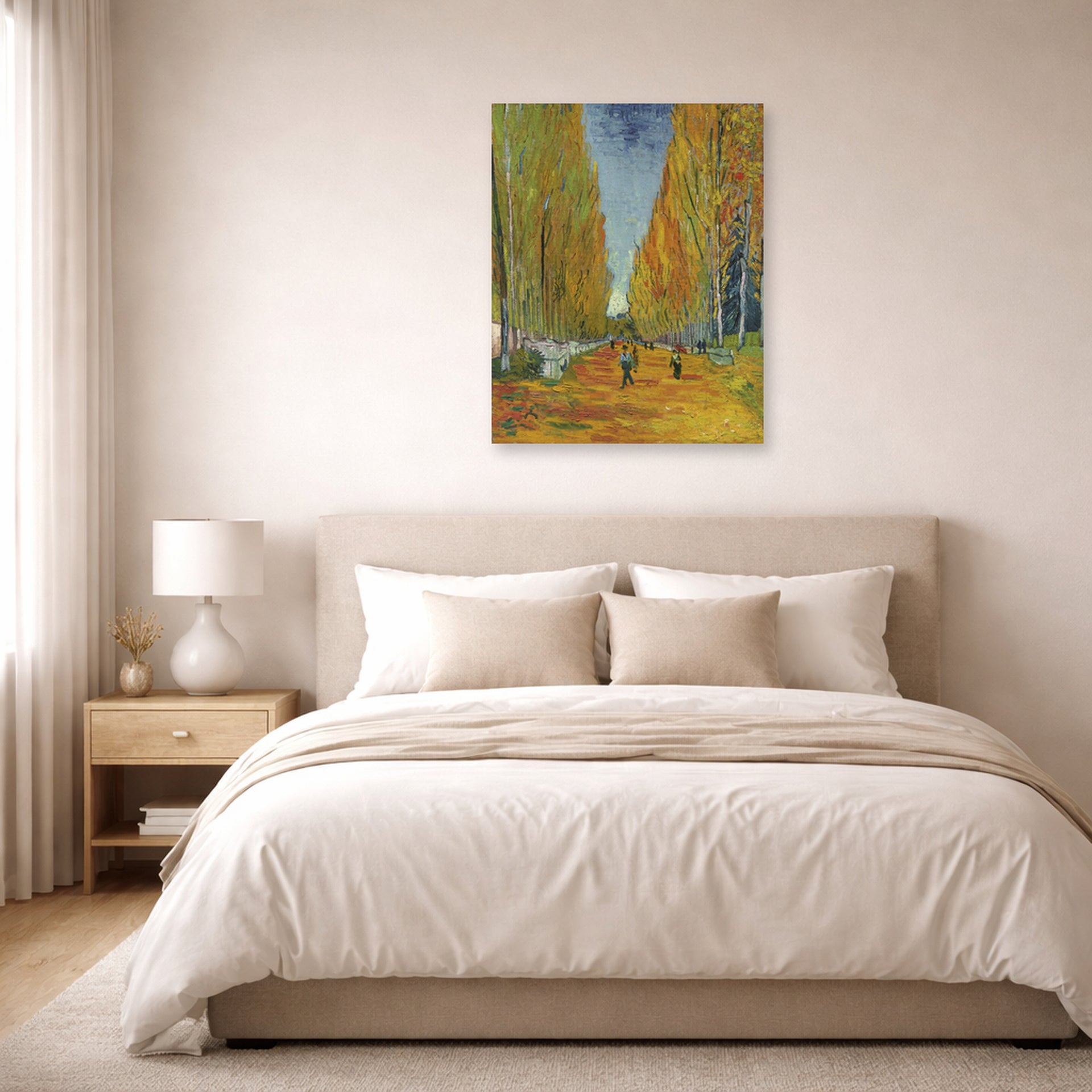 Unframed poster print of Vincent van Gogh's Les Alyscamps displayed on a wall in a bedroom