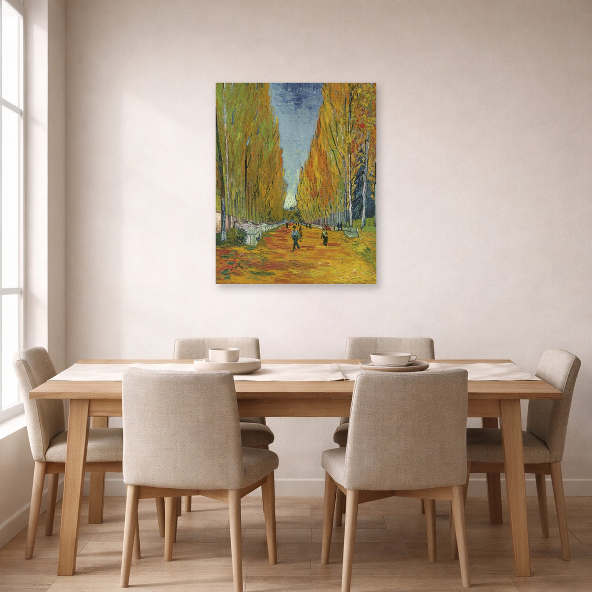 Unframed poster print of Vincent van Gogh's Les Alyscamps displayed on a wall in a dining room