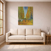 Unframed poster print of Vincent van Gogh's Les Alyscamps displayed on a wall in a living room