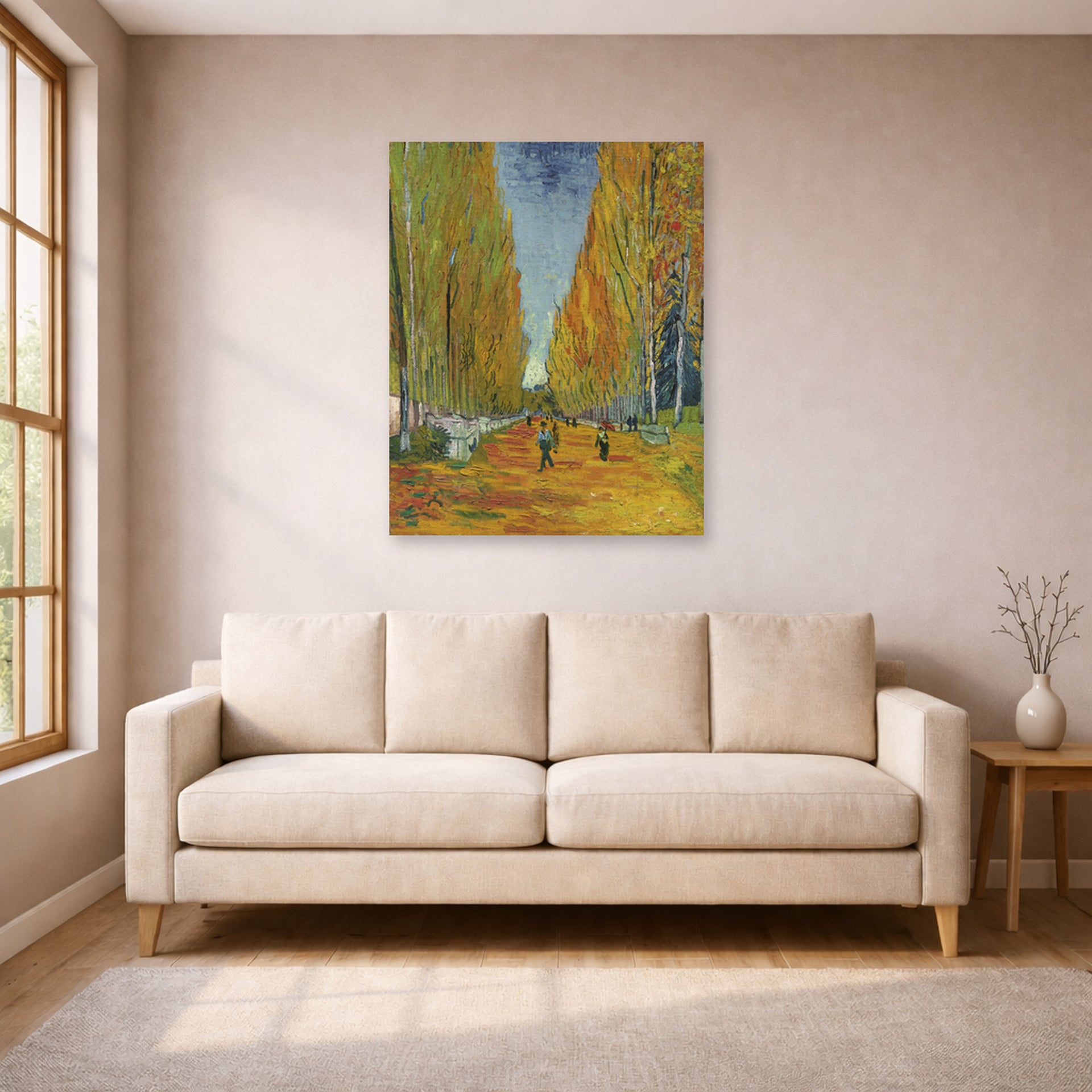 Unframed poster print of Vincent van Gogh's Les Alyscamps displayed on a wall in a living room