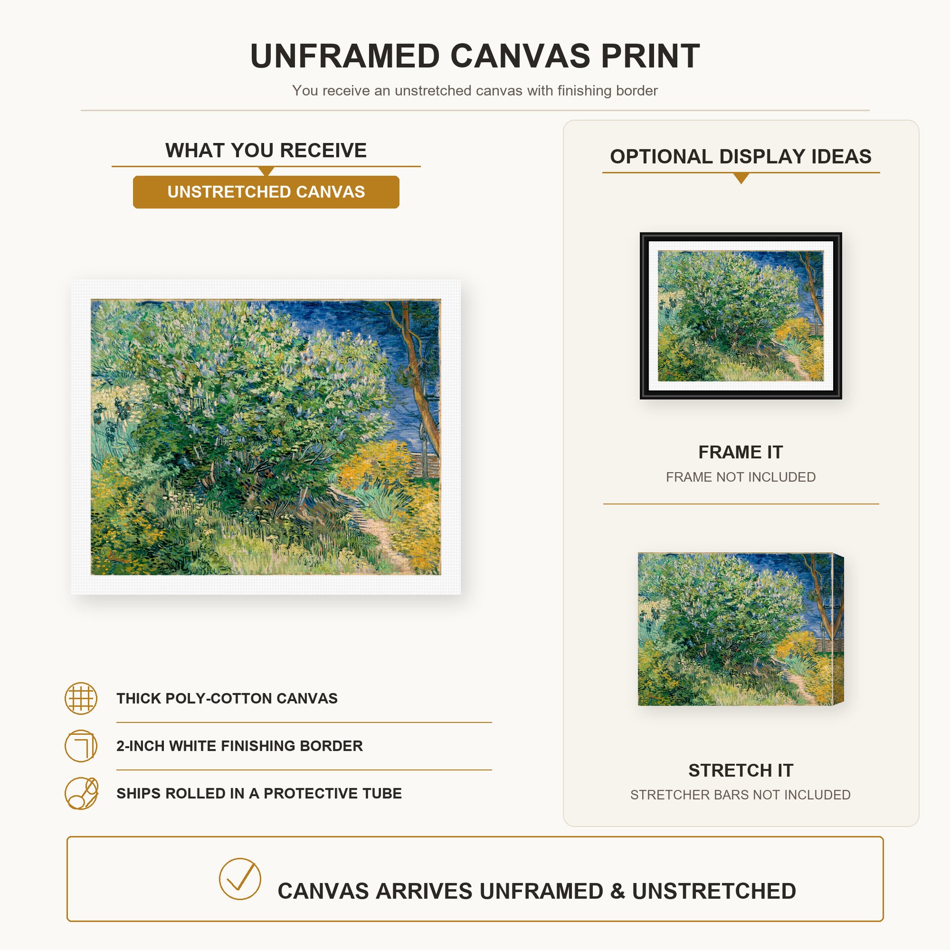 Vincent van Gogh - Lilac Bush canvas print size comparison and framing display infographic