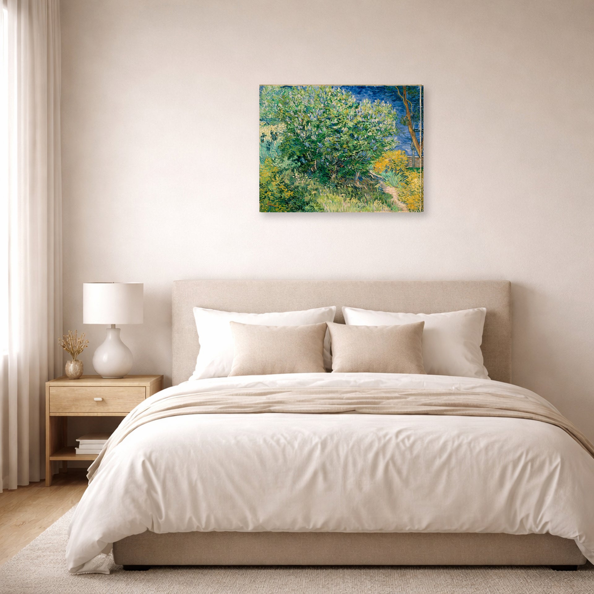 Gallery-wrapped canvas print of Vincent van Gogh's Lilac Bush displayed on a wall in a bedroom