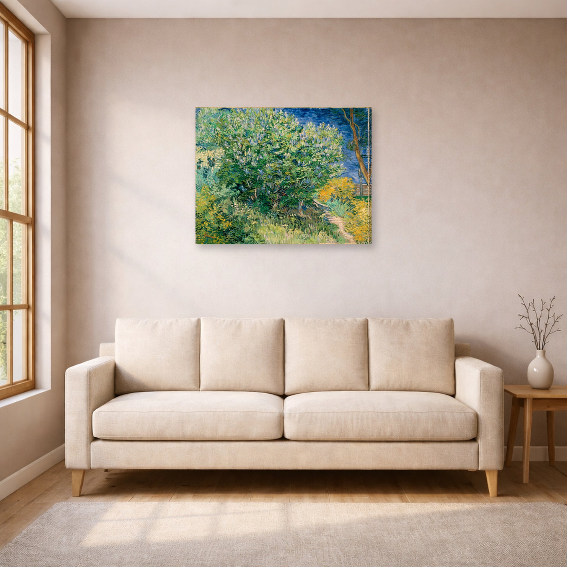 Gallery-wrapped canvas print of Vincent van Gogh's Lilac Bush displayed on a wall in a living room