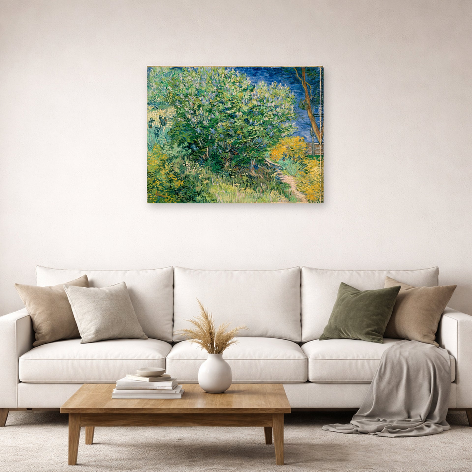 Gallery-wrapped canvas print of Vincent van Gogh's Lilac Bush displayed on a wall in a living room