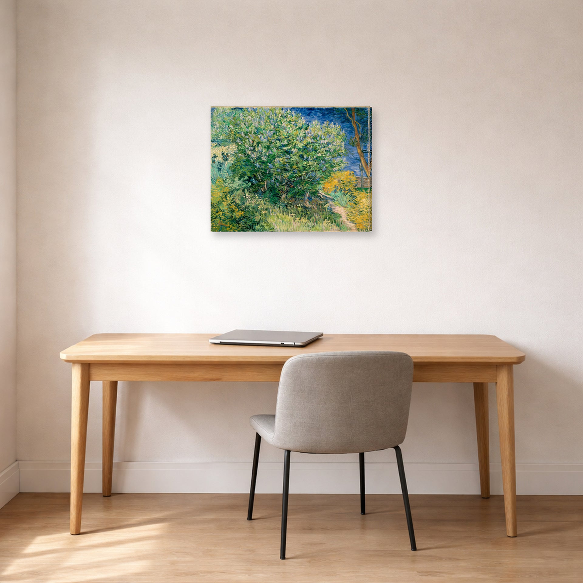 Gallery-wrapped canvas print of Vincent van Gogh's Lilac Bush displayed on a wall in a home office