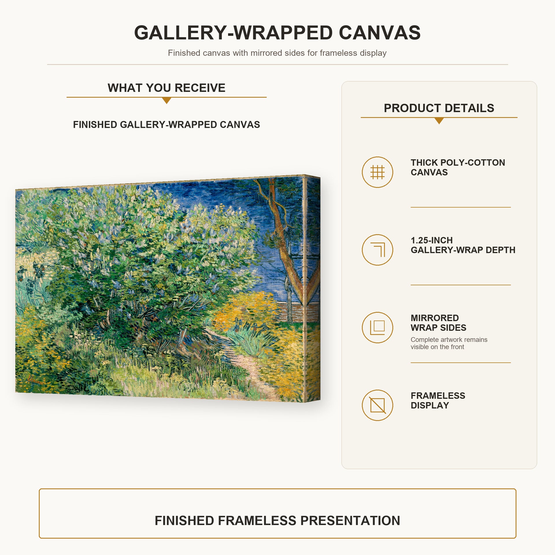 Vincent van Gogh - Lilac Bush gallery wrap canvas construction and hanging details infographic