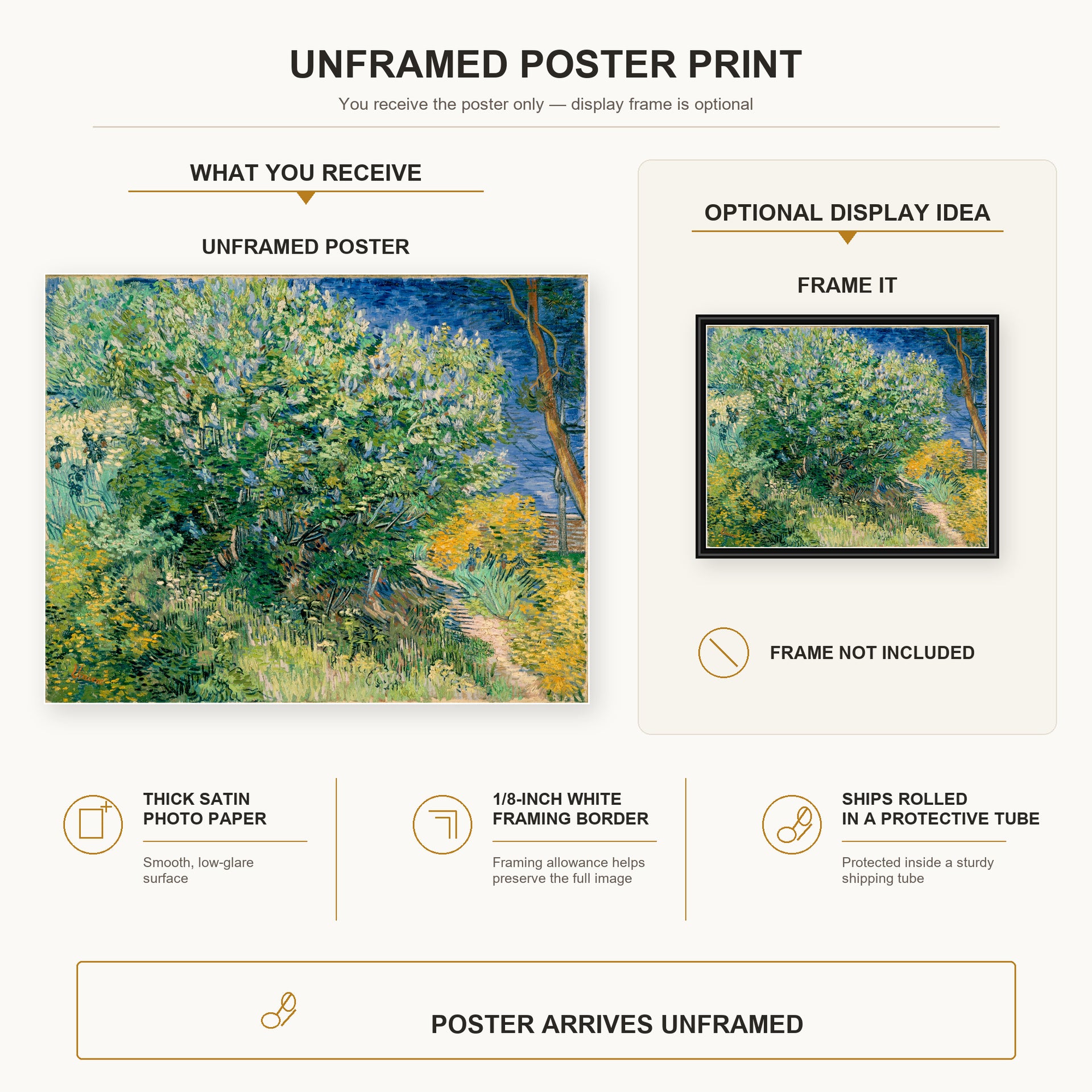 Vincent van Gogh - Lilac Bush poster print size comparison and framing display infographic