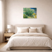 Unframed poster print of Vincent van Gogh's Lilac Bush displayed on a wall in a bedroom