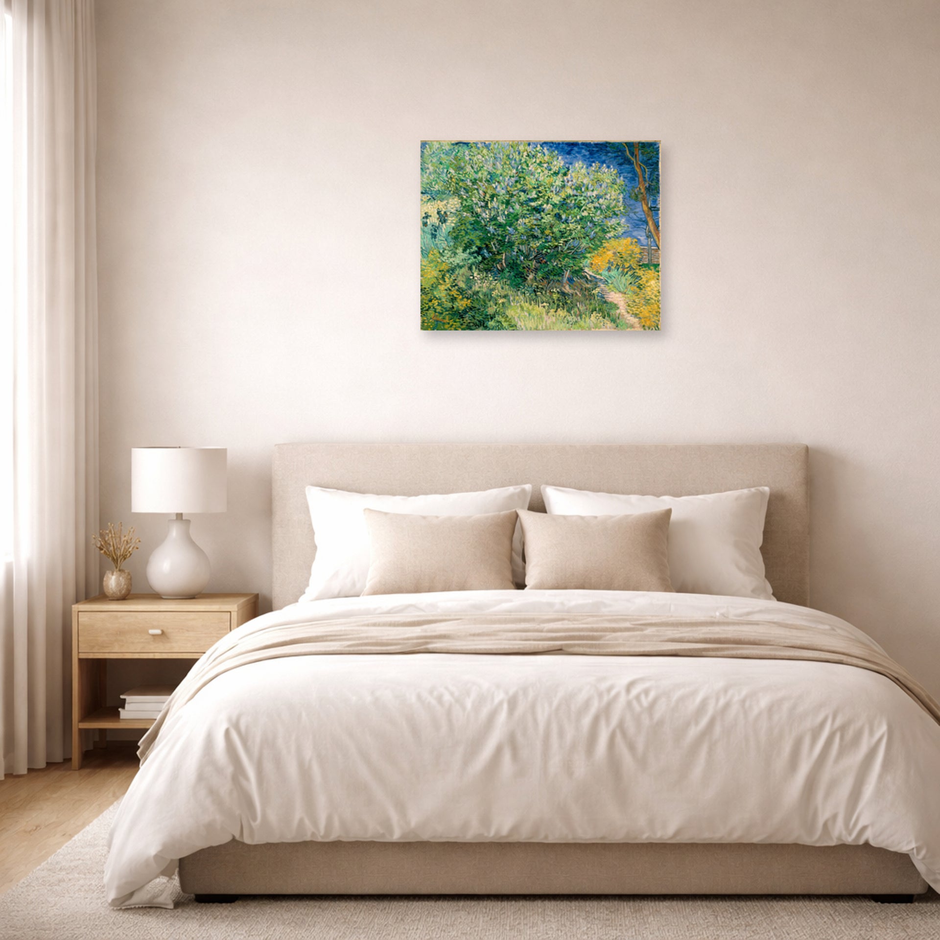Unframed poster print of Vincent van Gogh's Lilac Bush displayed on a wall in a bedroom