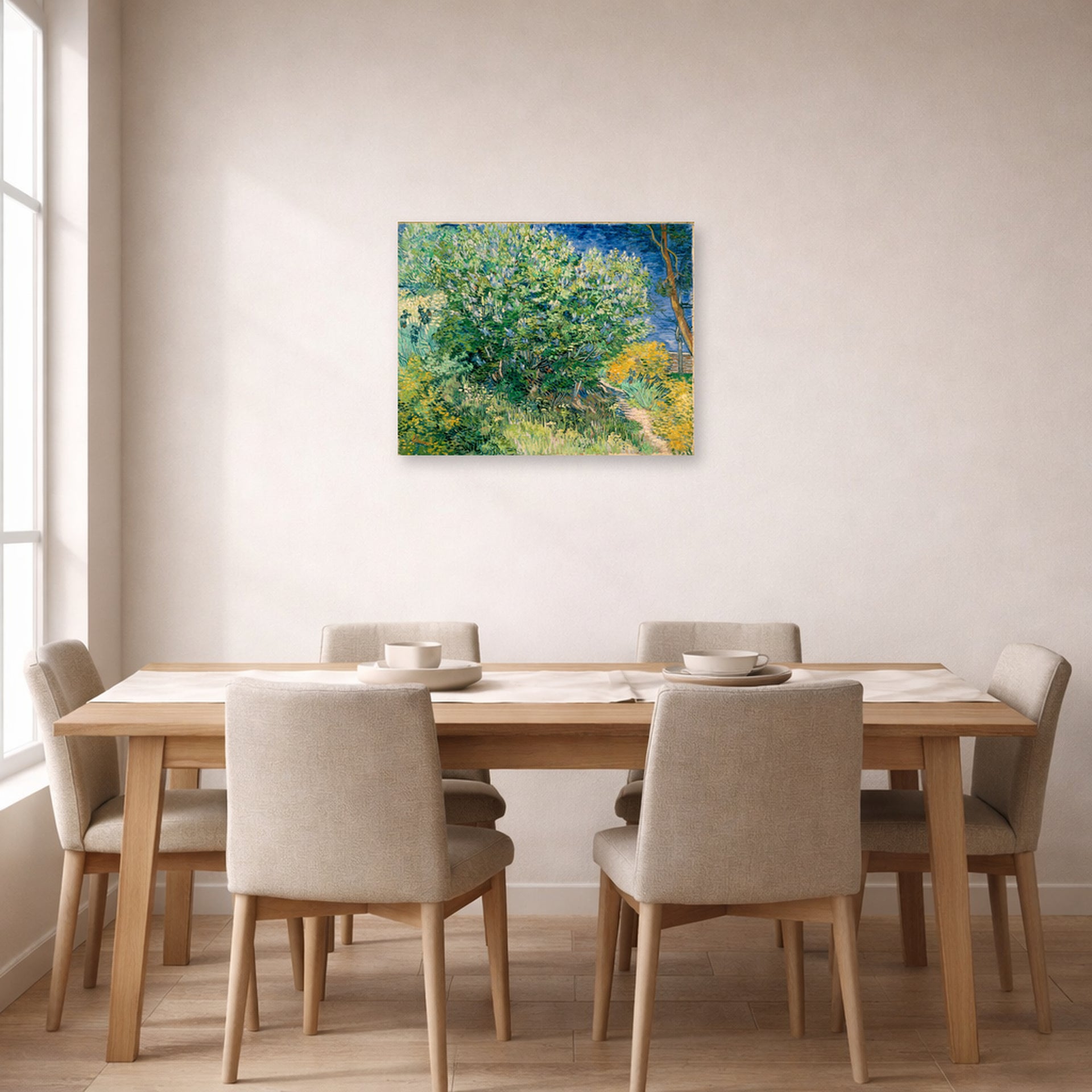 Unframed poster print of Vincent van Gogh's Lilac Bush displayed on a wall in a dining room