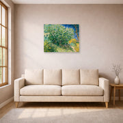 Unframed poster print of Vincent van Gogh's Lilac Bush displayed on a wall in a living room
