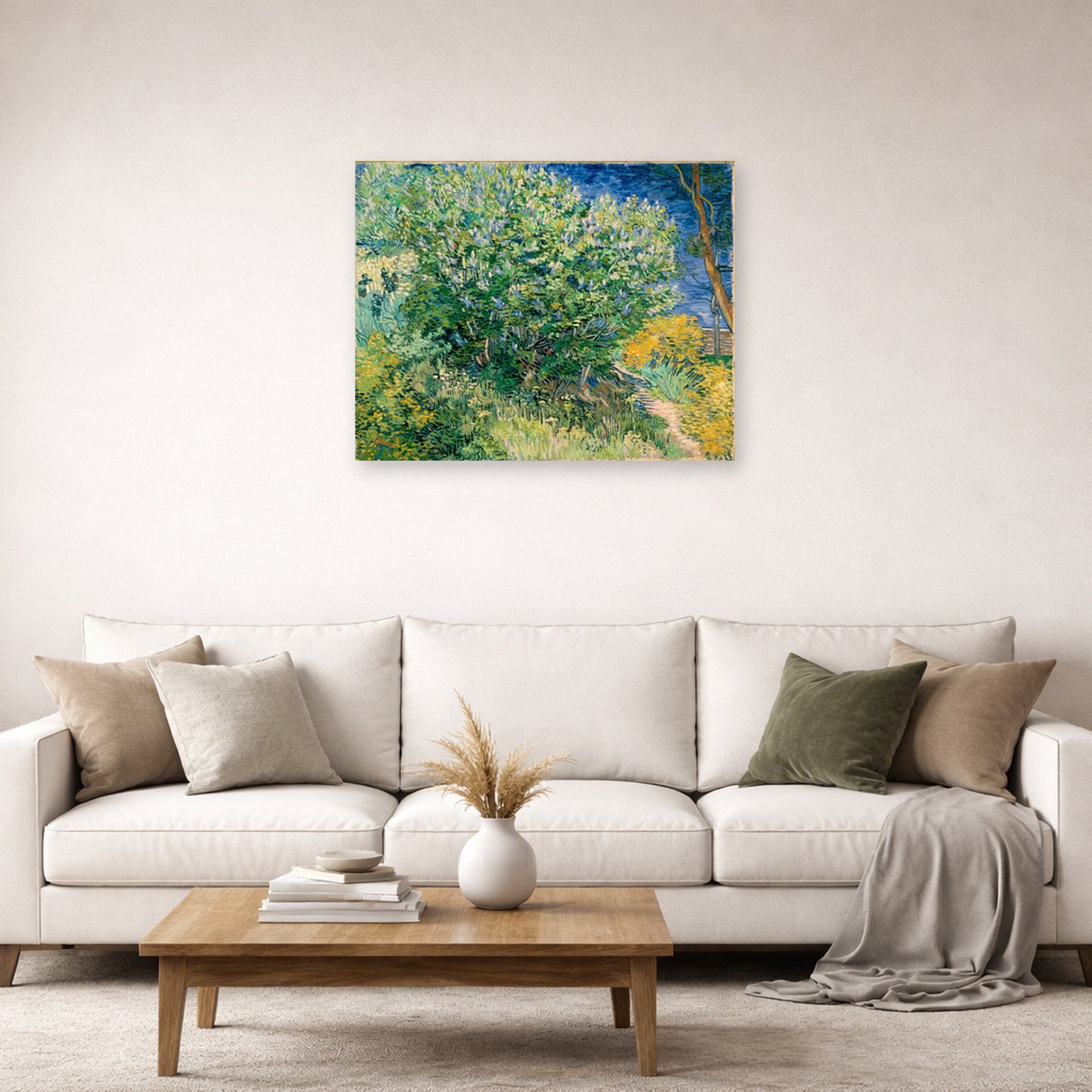 Unframed poster print of Vincent van Gogh's Lilac Bush displayed on a wall in a living room