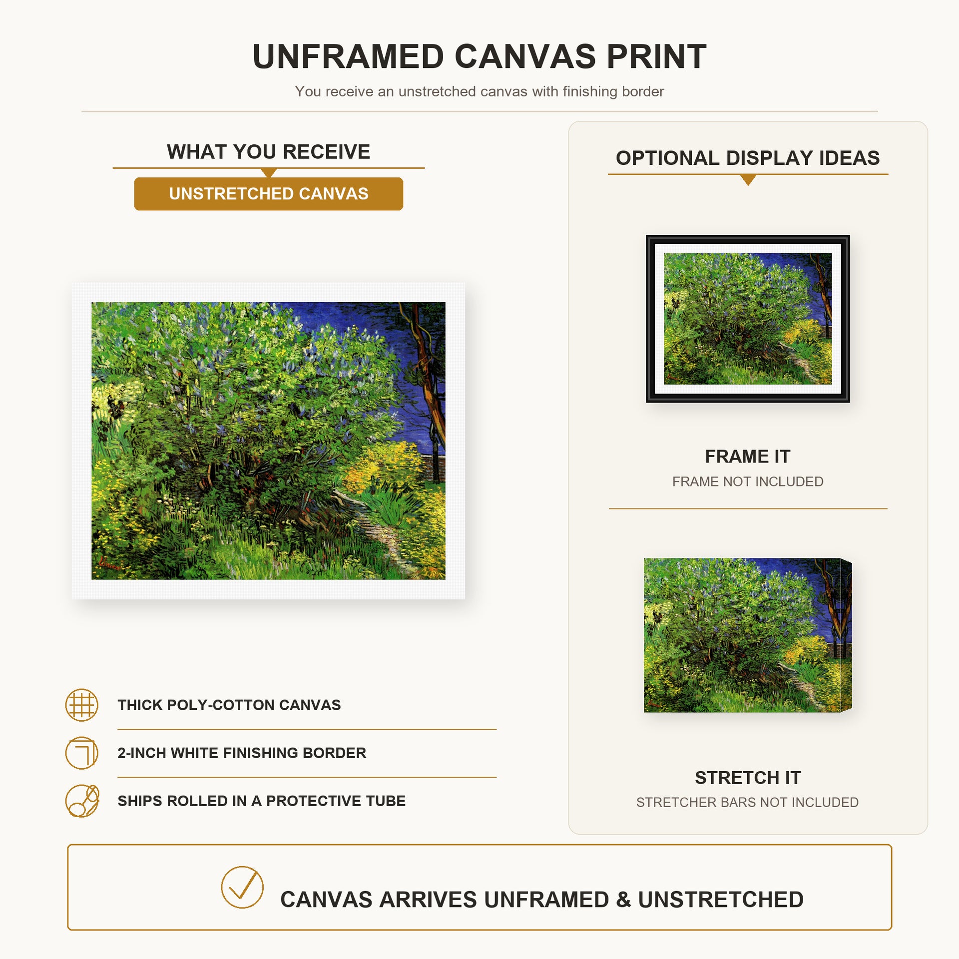 Vincent van Gogh - Lilacs canvas print size comparison and framing display infographic