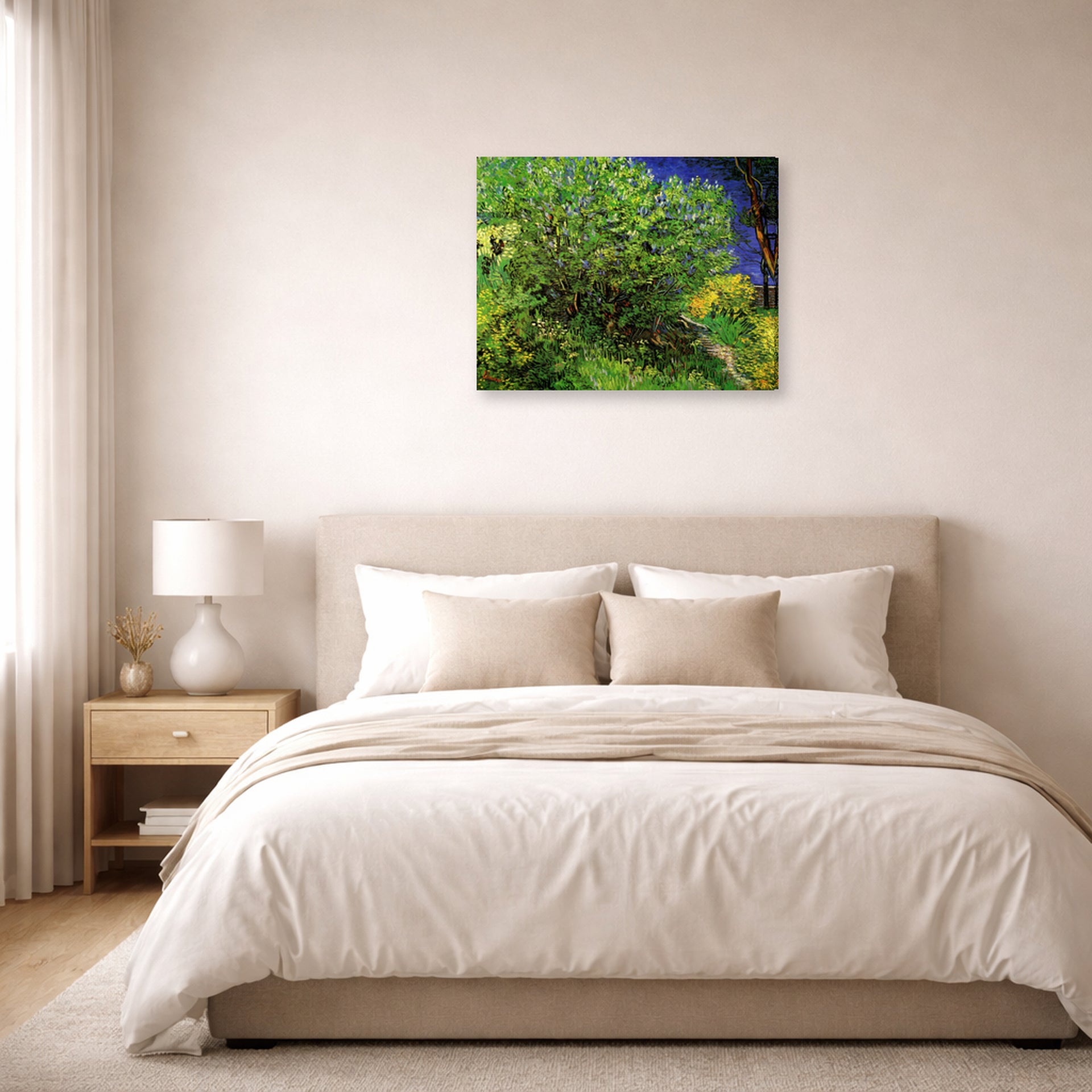 Gallery-wrapped canvas print of Vincent van Gogh's Lilacs displayed on a wall in a bedroom