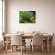 Gallery-wrapped canvas print of Vincent van Gogh's Lilacs displayed on a wall in a dining room