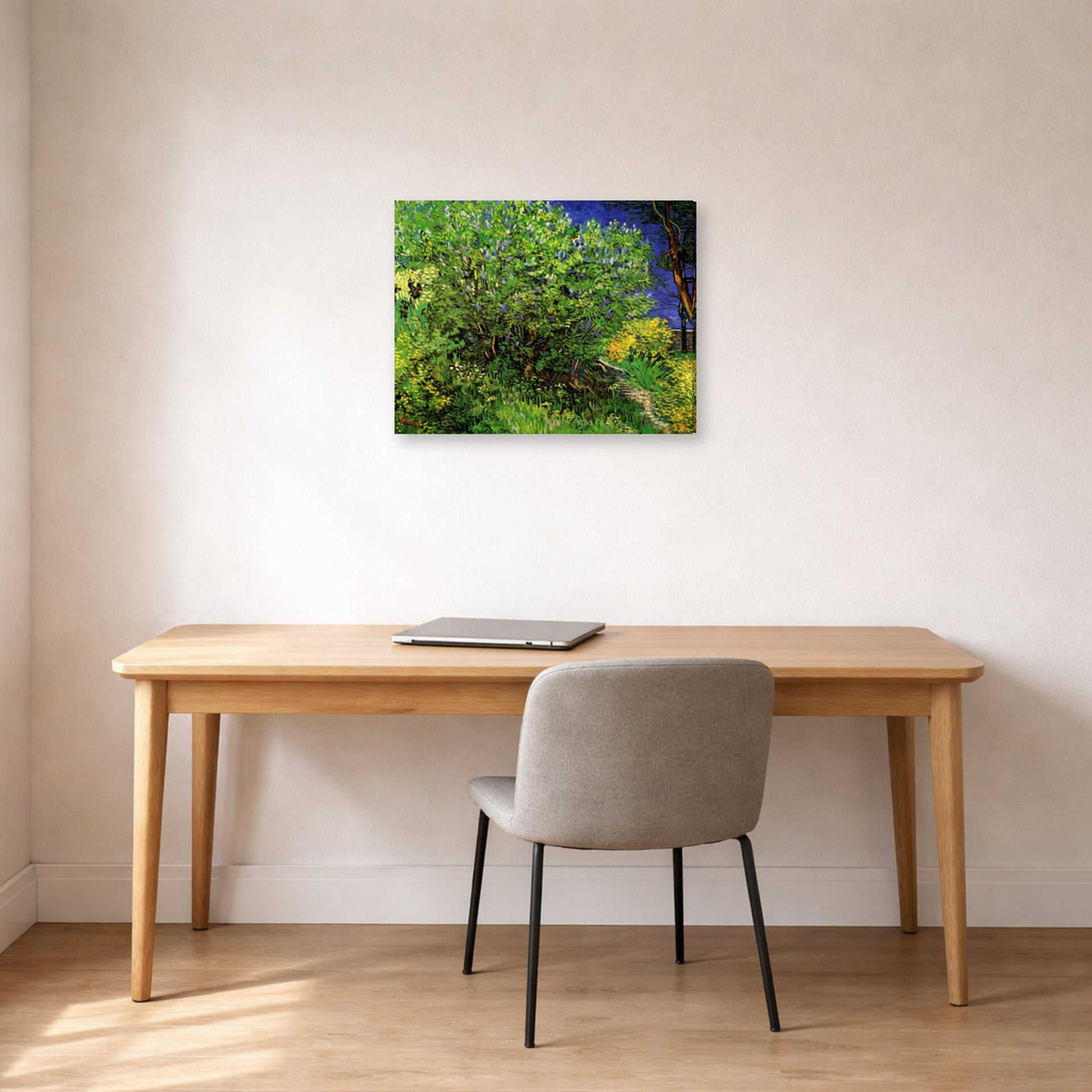 Gallery-wrapped canvas print of Vincent van Gogh's Lilacs displayed on a wall in a home office
