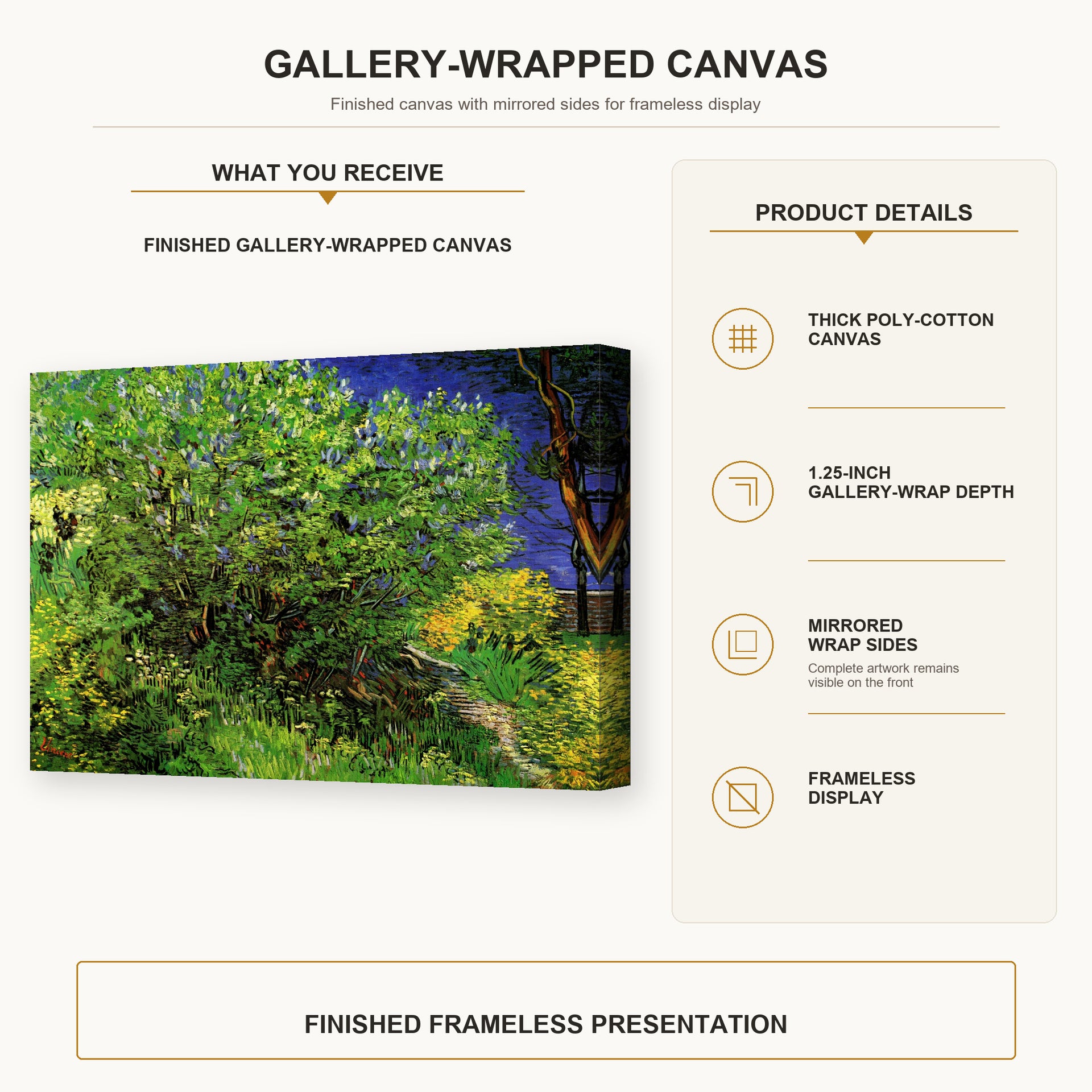 Vincent van Gogh - Lilacs gallery wrap canvas construction and hanging details infographic