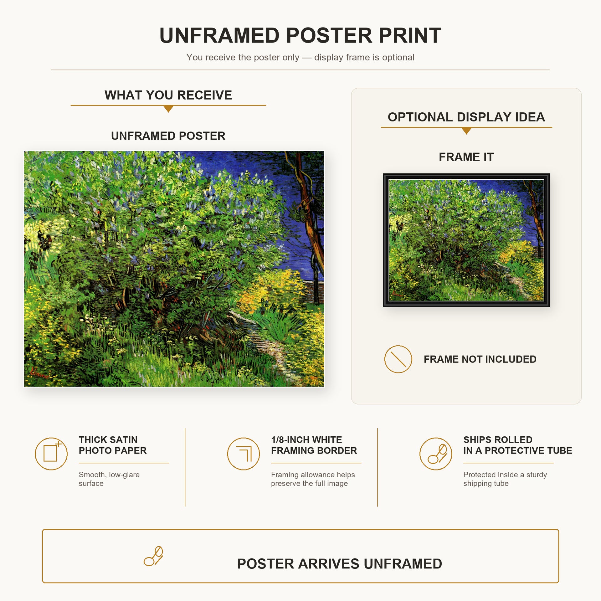 Vincent van Gogh - Lilacs poster print size comparison and framing display infographic
