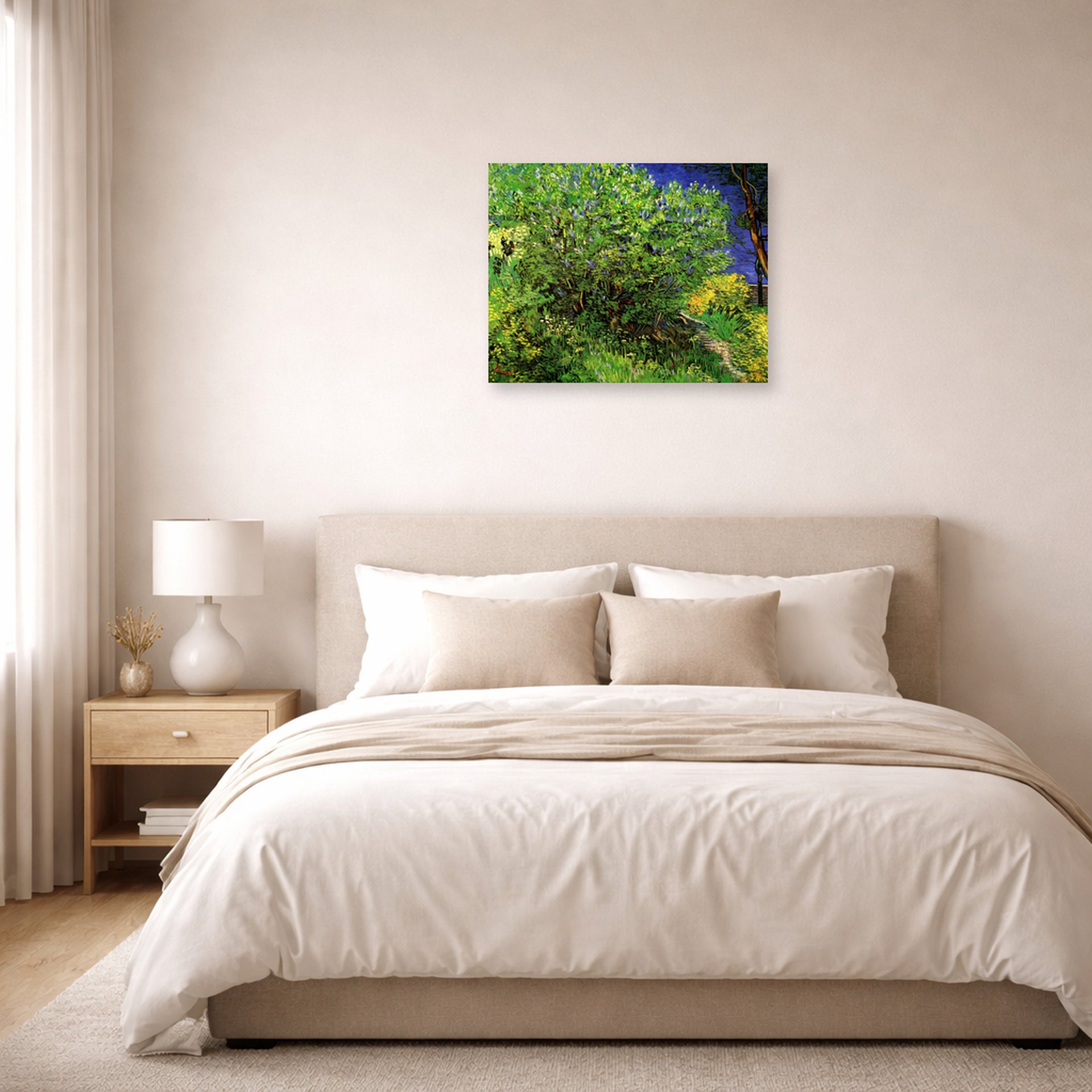 Unframed poster print of Vincent van Gogh's Lilacs displayed on a wall in a bedroom