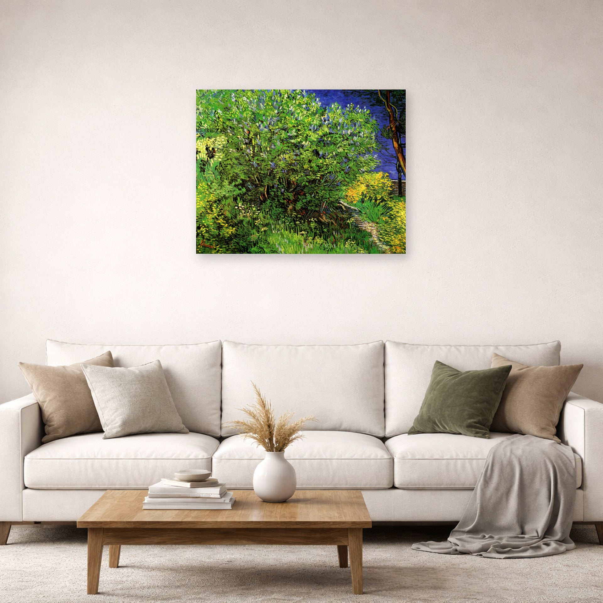 Unframed poster print of Vincent van Gogh's Lilacs displayed on a wall in a living room