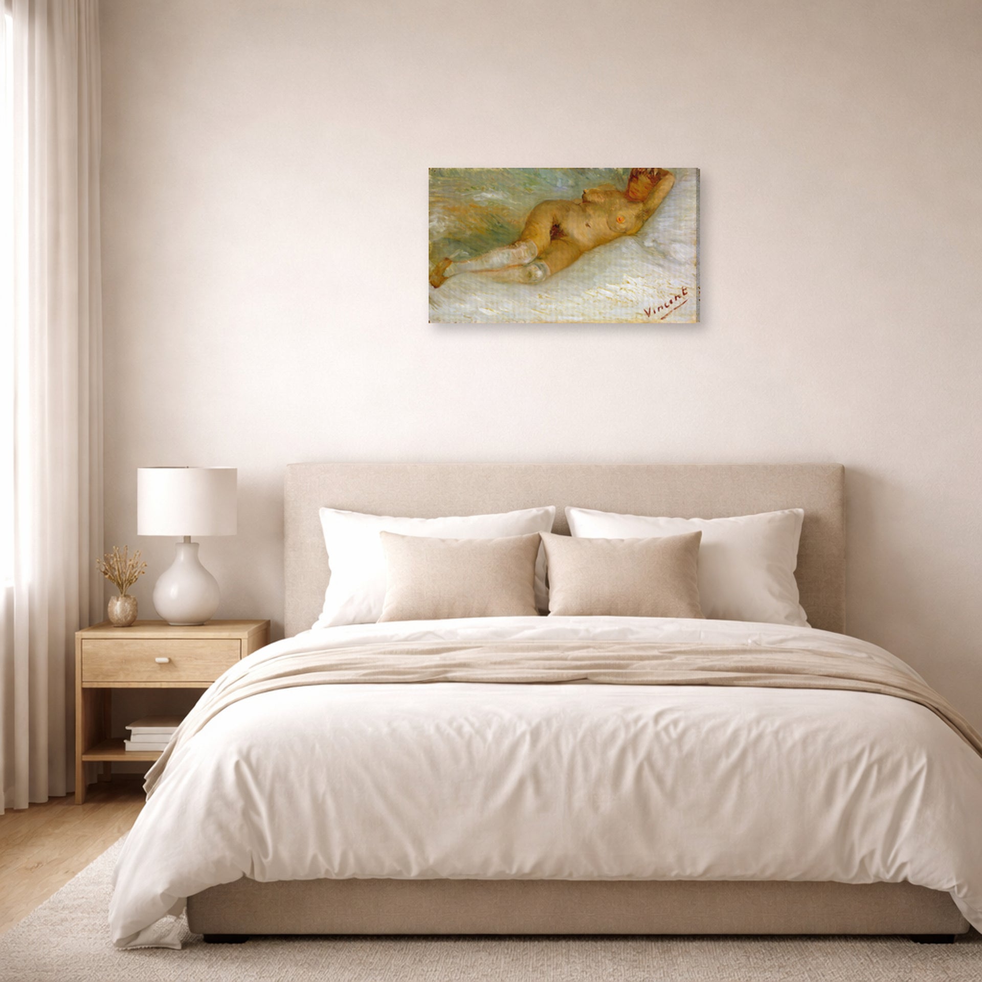 Gallery-wrapped canvas print of Vincent van Gogh's Lying Naked displayed on a wall in a bedroom