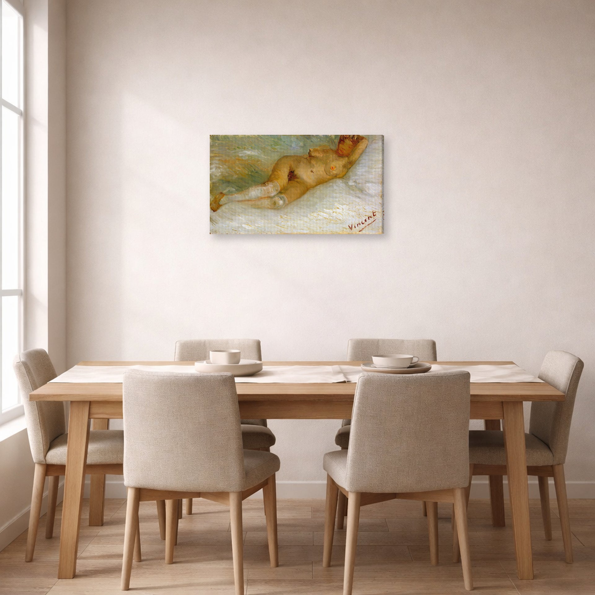 Gallery-wrapped canvas print of Vincent van Gogh's Lying Naked displayed on a wall in a dining room