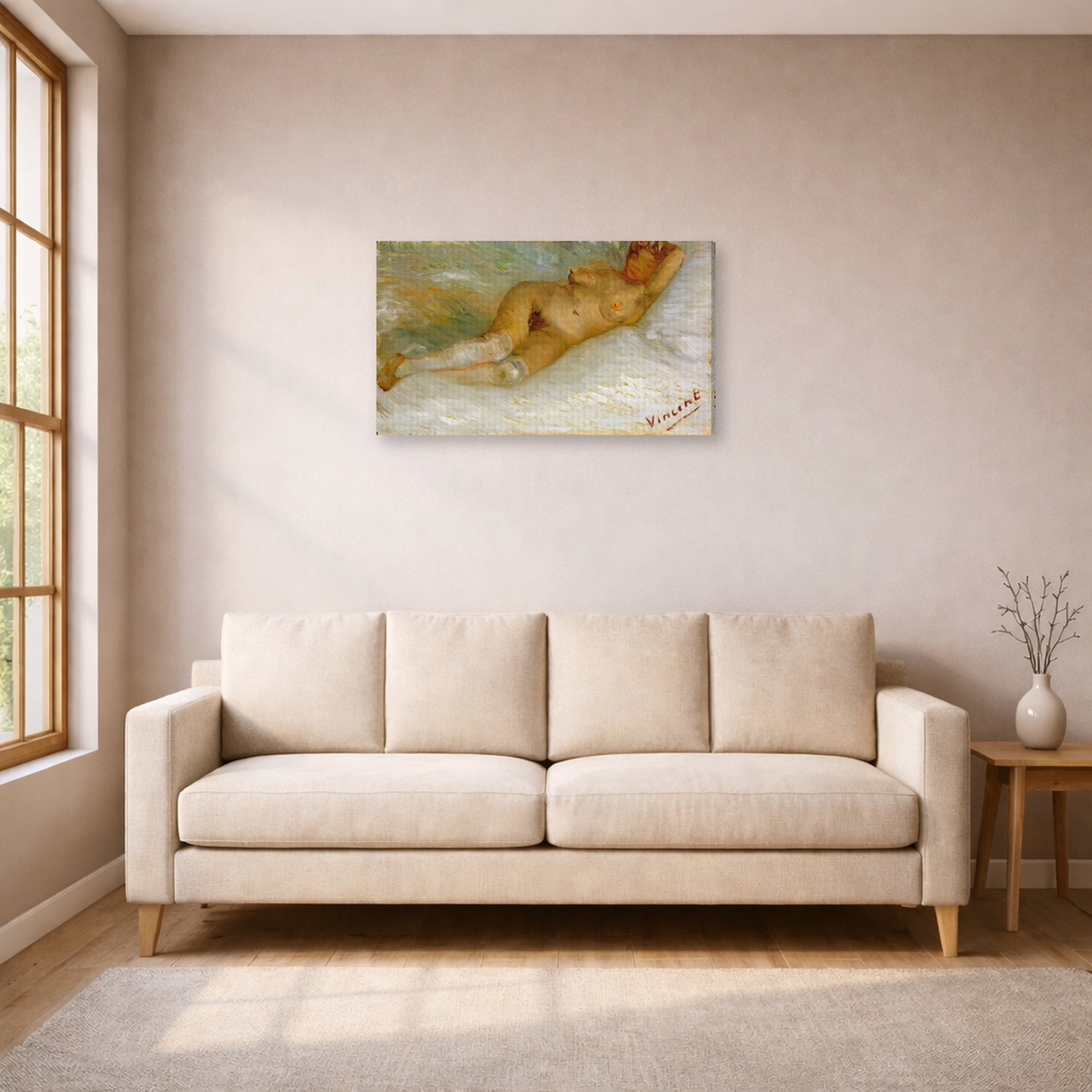 Gallery-wrapped canvas print of Vincent van Gogh's Lying Naked displayed on a wall in a living room