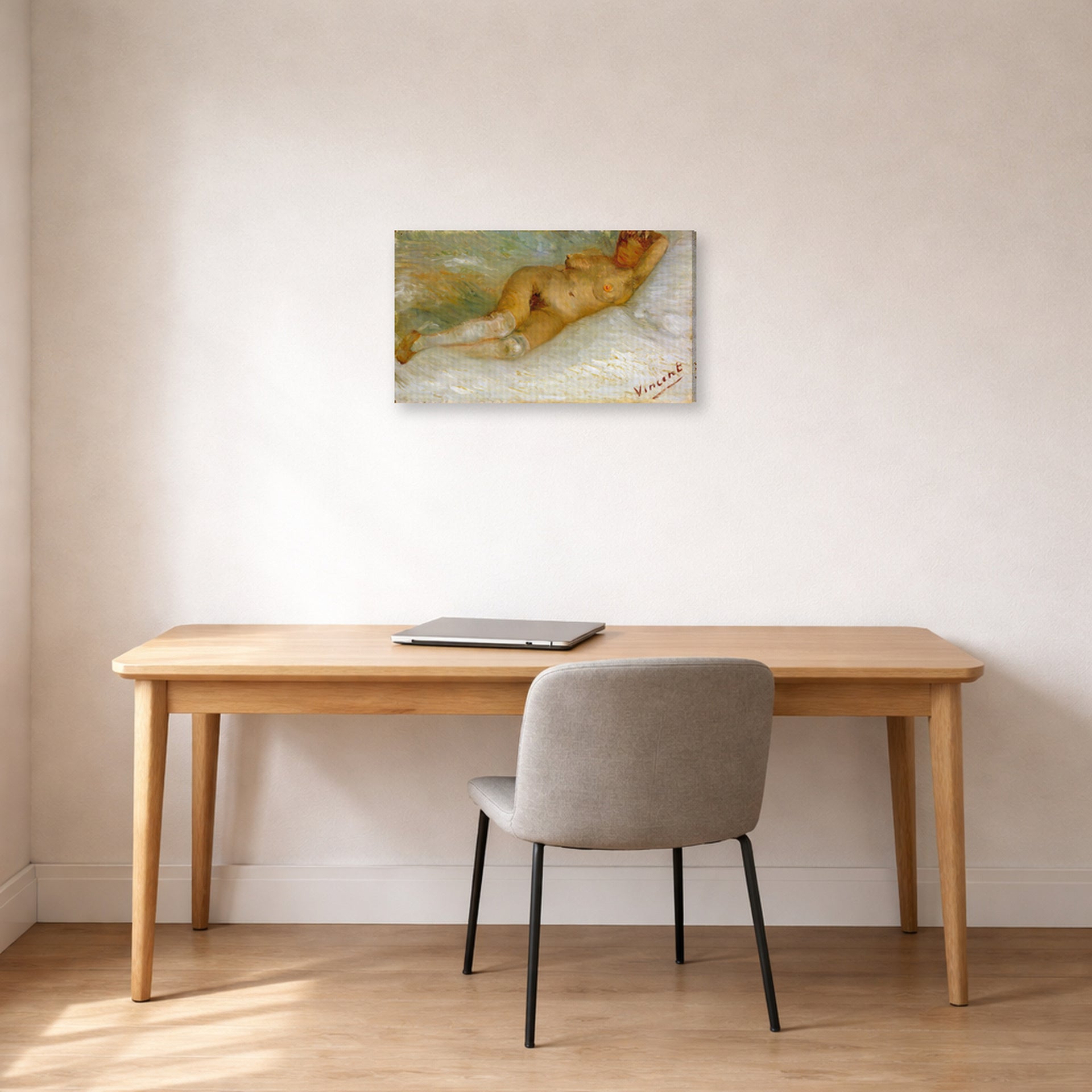 Gallery-wrapped canvas print of Vincent van Gogh's Lying Naked displayed on a wall in a home office