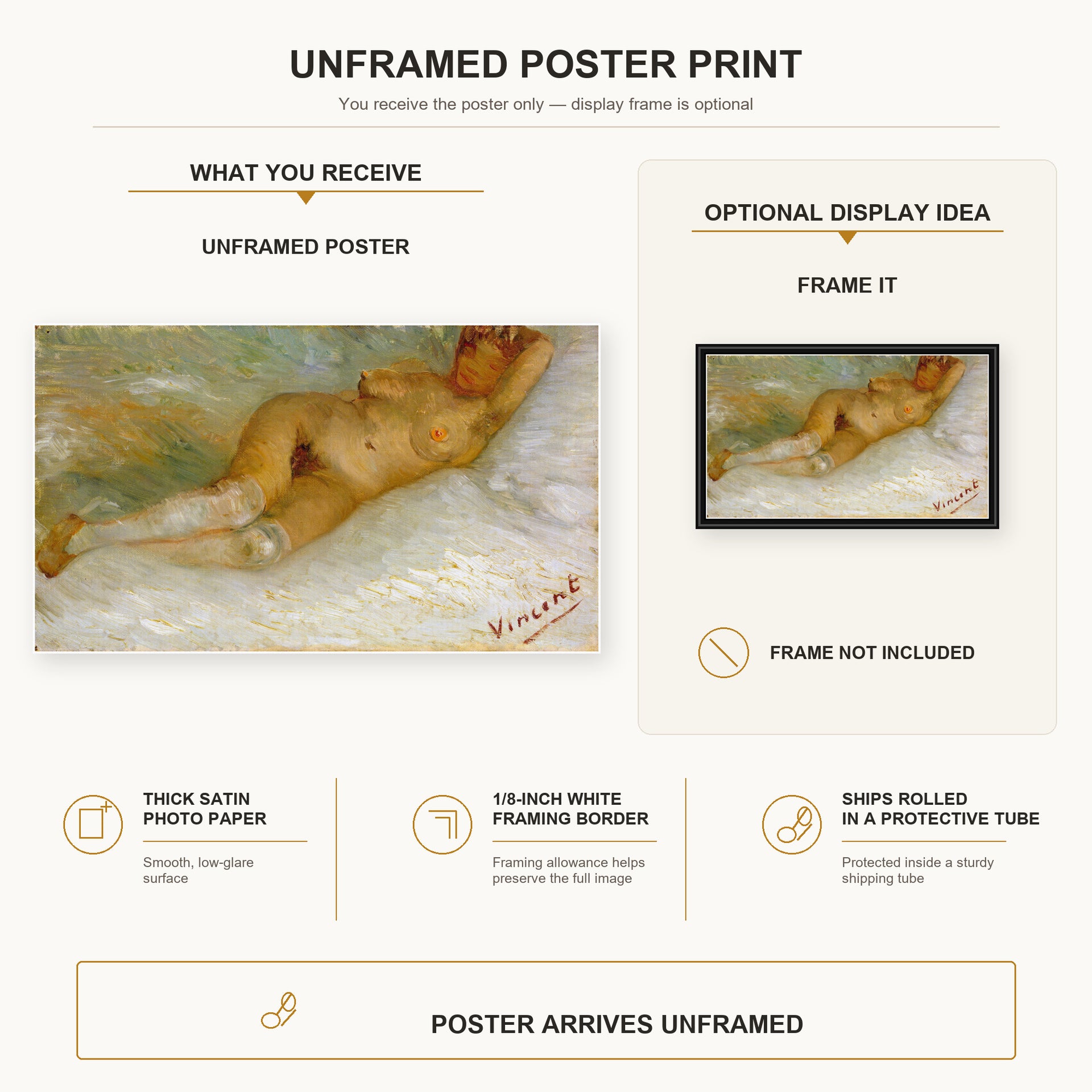 Vincent van Gogh - Lying Naked poster print size comparison and framing display infographic