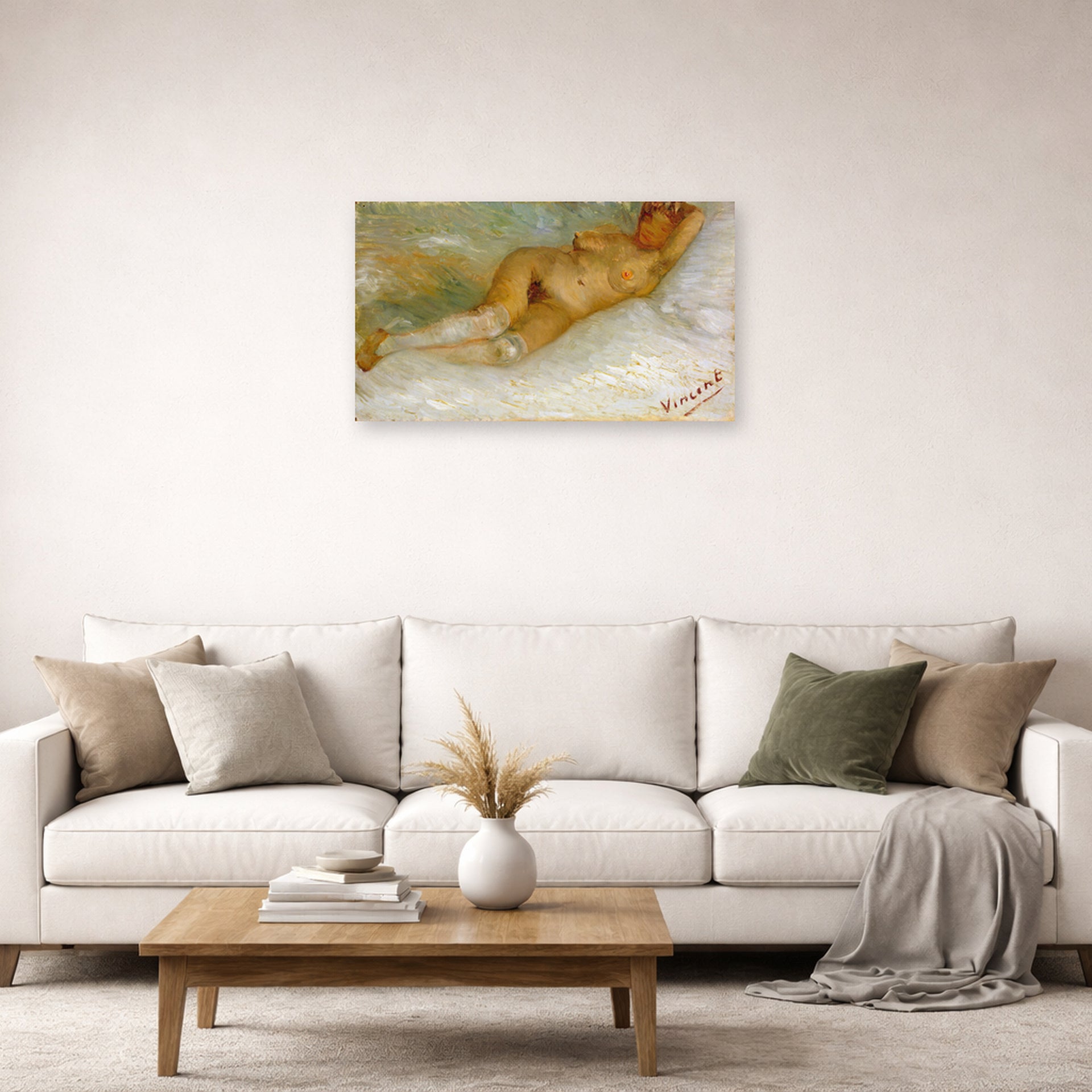 Unframed poster print of Vincent van Gogh's Lying Naked displayed on a wall in a living room
