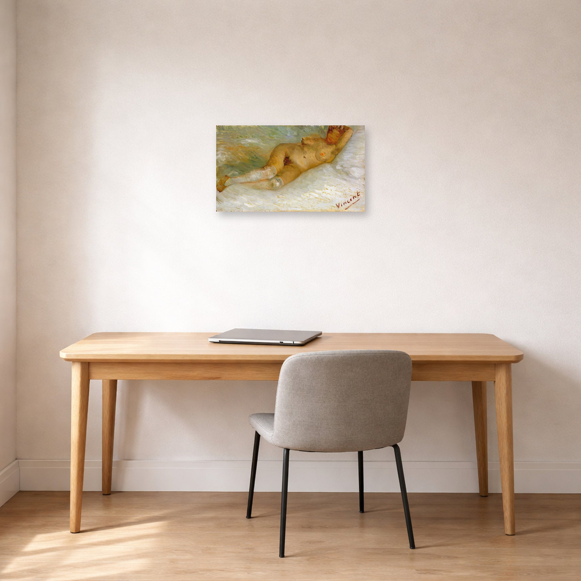 Unframed poster print of Vincent van Gogh's Lying Naked displayed on a wall in a home office