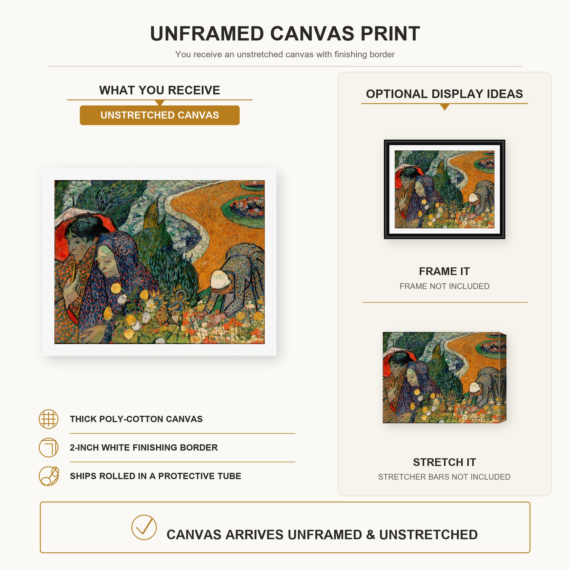 Vincent van Gogh - Memory of the Garden at Etten (ladies of Arles) canvas print size comparison and framing display infographic