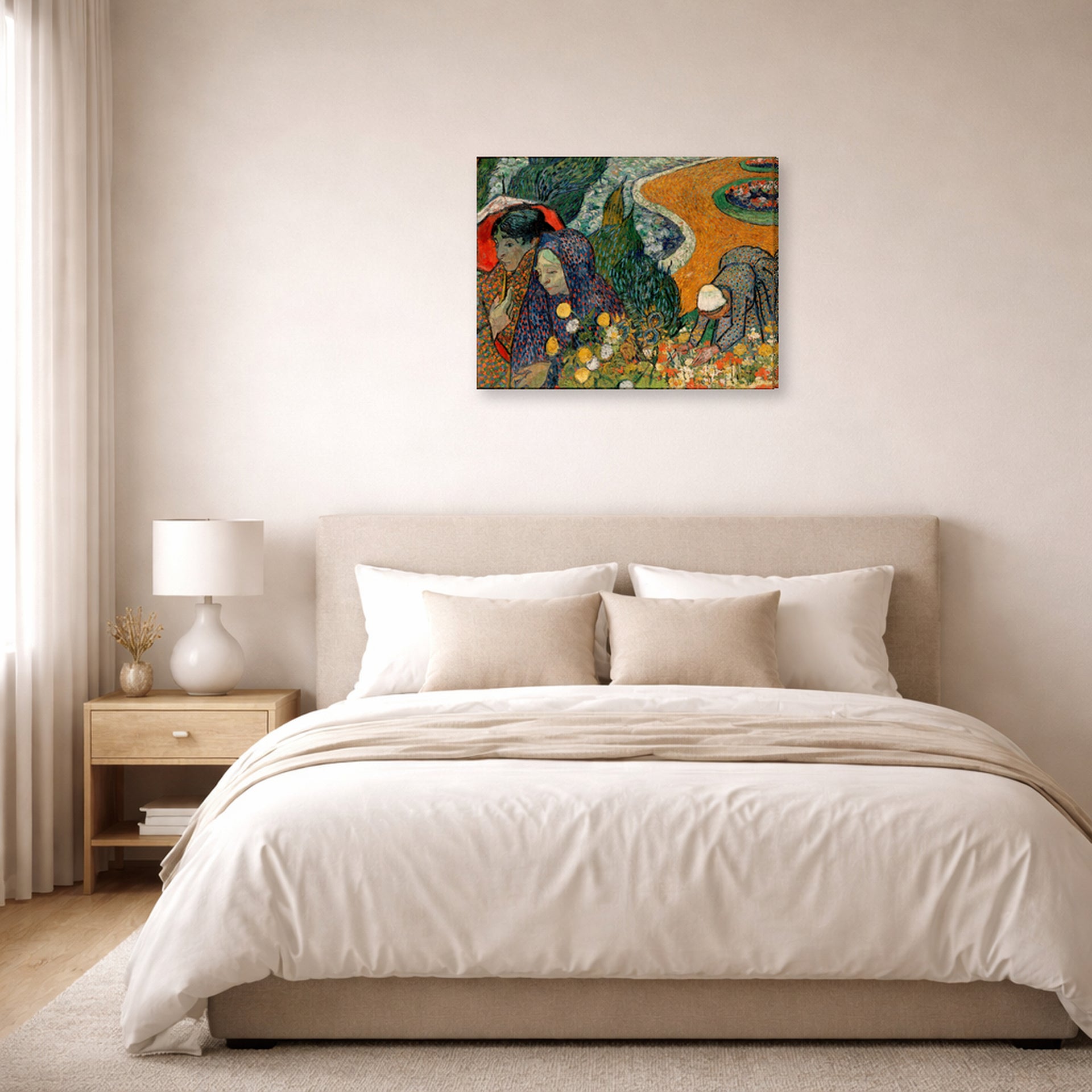 Gallery-wrapped canvas print of Vincent van Gogh's Memory of the Garden at Etten (ladies of Arles) displayed on a wall in a bedroom