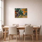 Gallery-wrapped canvas print of Vincent van Gogh's Memory of the Garden at Etten (ladies of Arles) displayed on a wall in a dining room
