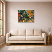 Gallery-wrapped canvas print of Vincent van Gogh's Memory of the Garden at Etten (ladies of Arles) displayed on a wall in a living room