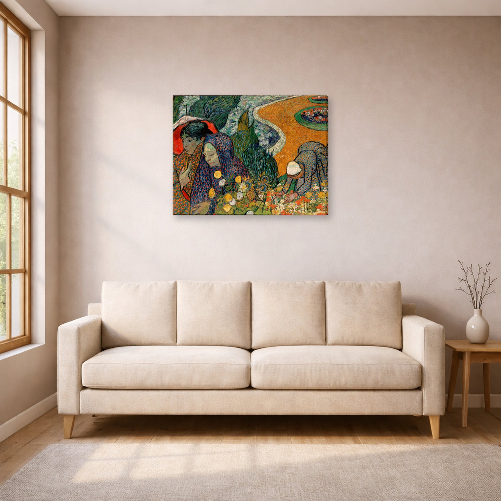 Gallery-wrapped canvas print of Vincent van Gogh's Memory of the Garden at Etten (ladies of Arles) displayed on a wall in a living room