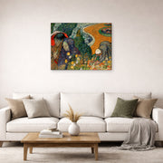 Gallery-wrapped canvas print of Vincent van Gogh's Memory of the Garden at Etten (ladies of Arles) displayed on a wall in a living room