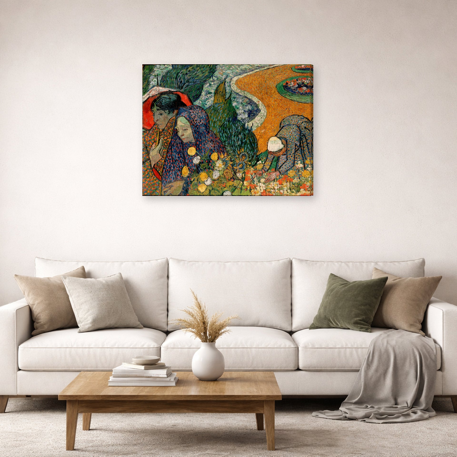 Gallery-wrapped canvas print of Vincent van Gogh's Memory of the Garden at Etten (ladies of Arles) displayed on a wall in a living room