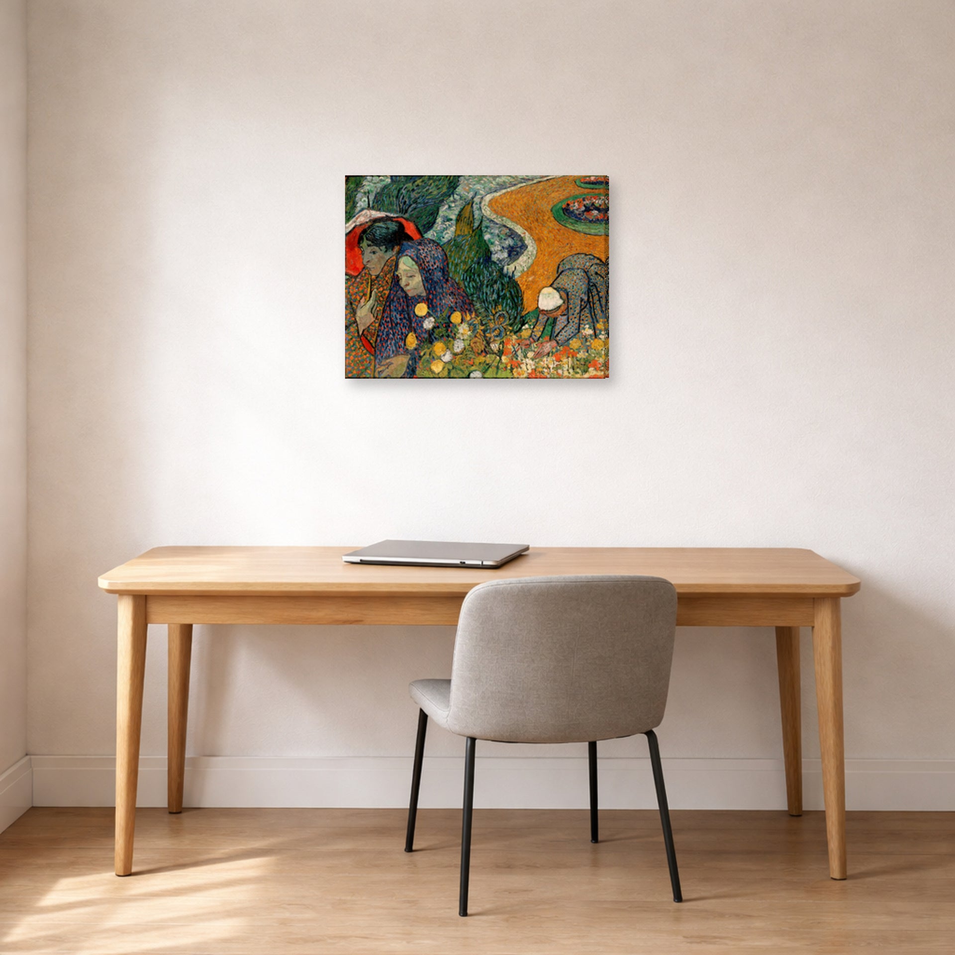 Gallery-wrapped canvas print of Vincent van Gogh's Memory of the Garden at Etten (ladies of Arles) displayed on a wall in a home office