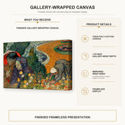 Vincent van Gogh - Memory of the Garden at Etten (ladies of Arles) gallery wrap canvas construction and hanging details infographic