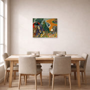 Unframed poster print of Vincent van Gogh's Memory of the Garden at Etten (ladies of Arles) displayed on a wall in a dining room
