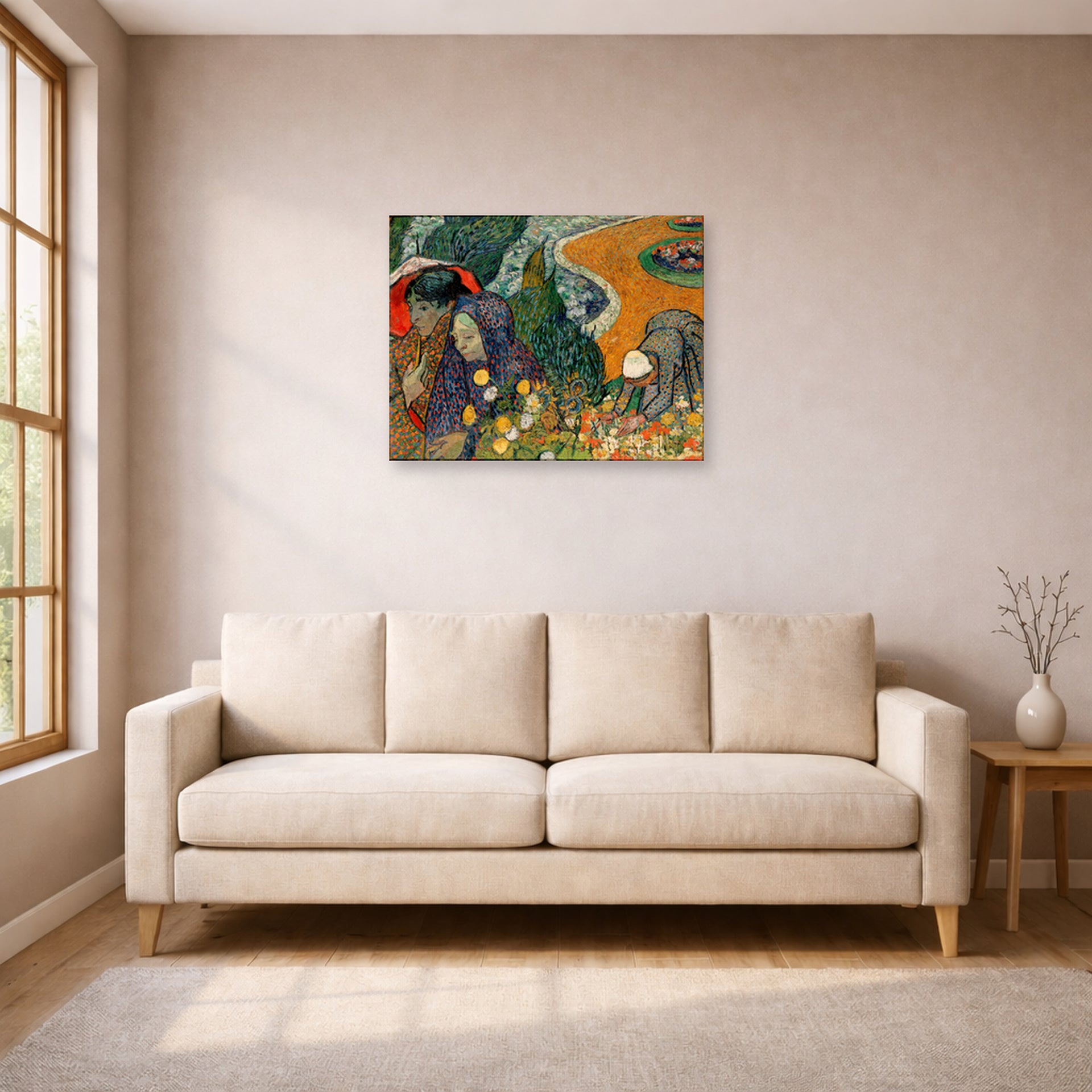 Unframed poster print of Vincent van Gogh's Memory of the Garden at Etten (ladies of Arles) displayed on a wall in a living room