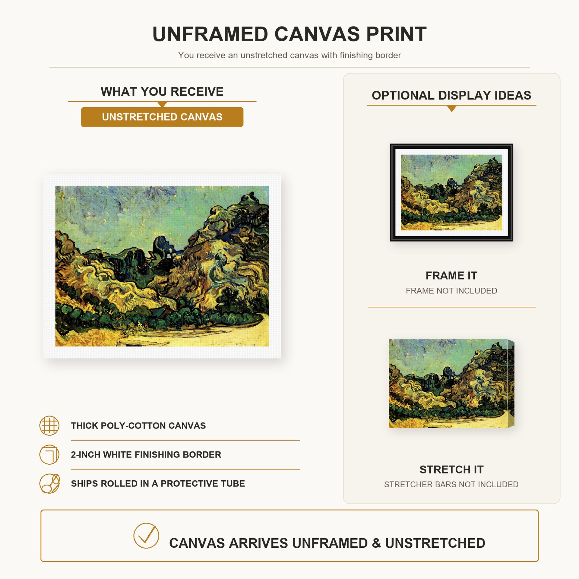 Vincent van Gogh - Mountains at Saint Remy with Dark Cottage canvas print size comparison and framing display infographic