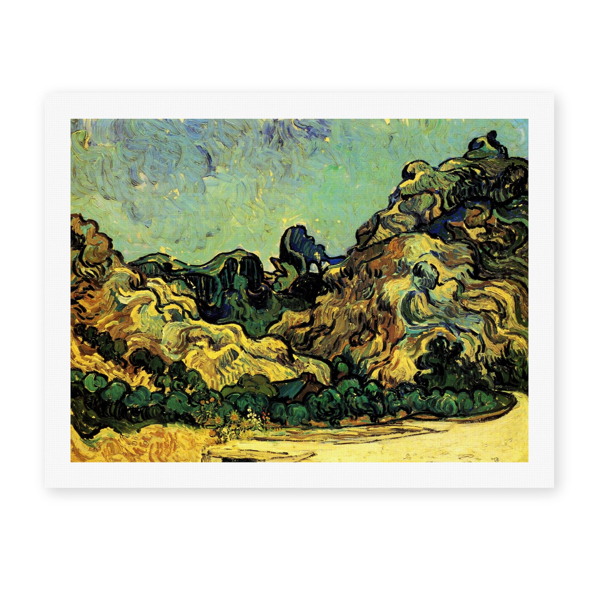 Vincent van Gogh's 'Mountains at Saint Remy with Dark Cottage' painting reproduced as a rolled canvas print