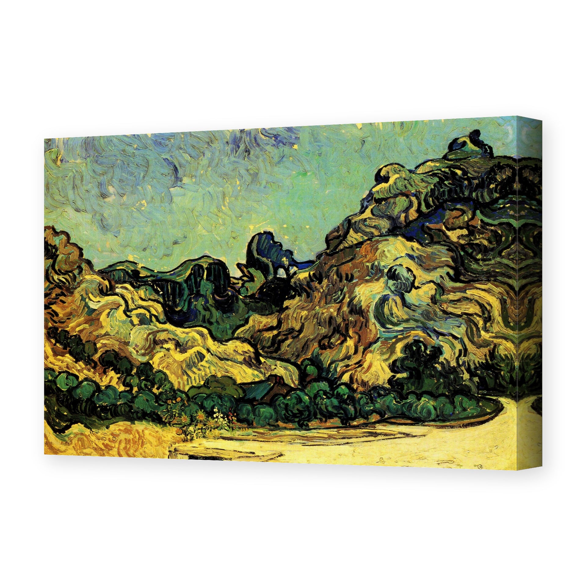 Vincent van Gogh's 'Mountains at Saint Remy with Dark Cottage' painting reproduced as a gallery-wrapped canvas print