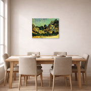 Gallery-wrapped canvas print of Vincent van Gogh's Mountains at Saint Remy with Dark Cottage displayed on a wall in a dining room