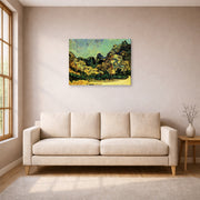 Gallery-wrapped canvas print of Vincent van Gogh's Mountains at Saint Remy with Dark Cottage displayed on a wall in a living room