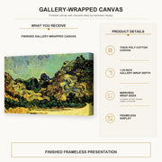 Vincent van Gogh - Mountains at Saint Remy with Dark Cottage gallery wrap canvas construction and hanging details infographic
