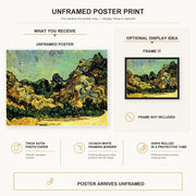Vincent van Gogh - Mountains at Saint Remy with Dark Cottage poster print size comparison and framing display infographic